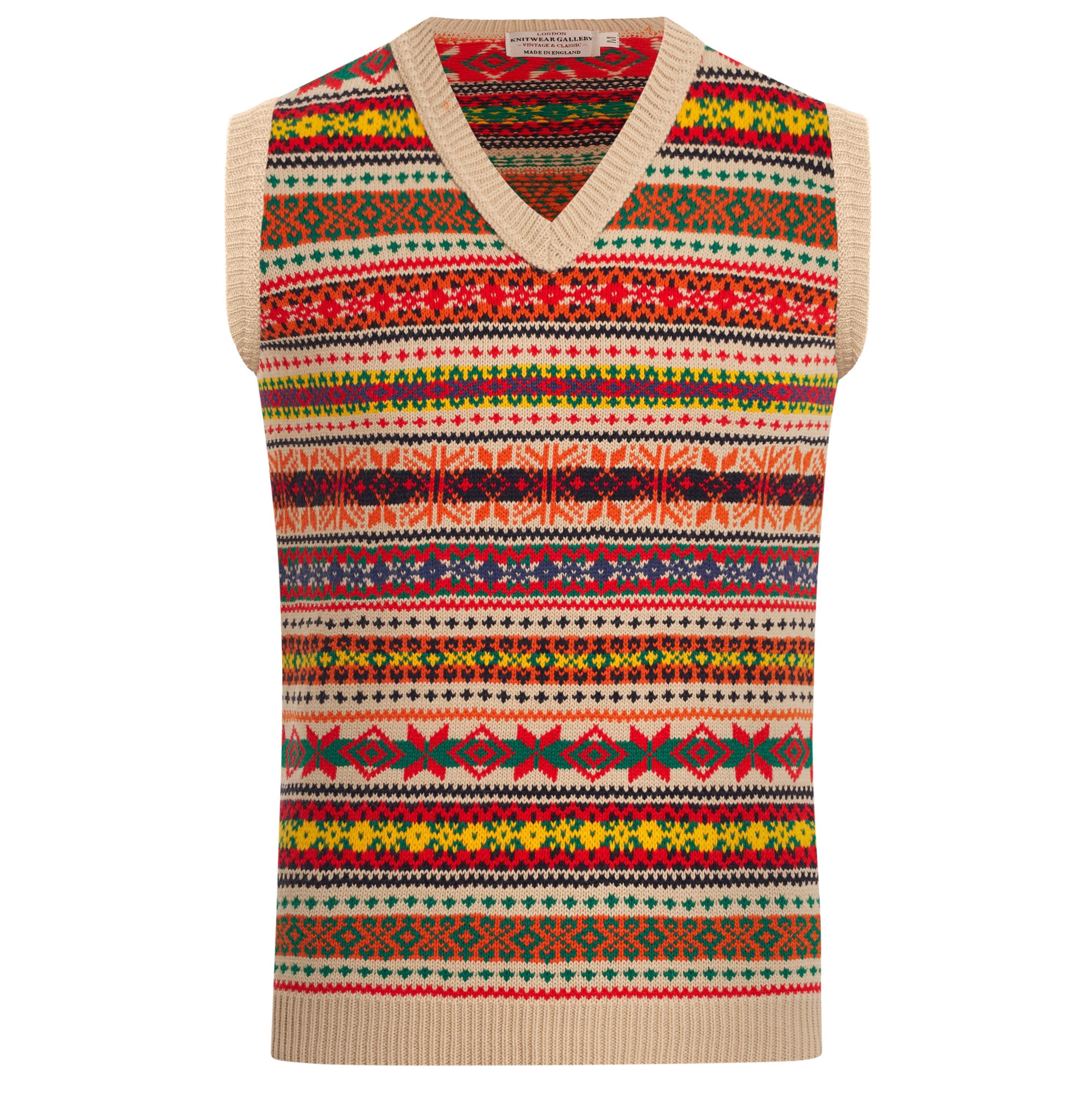Mens Beige Fairisle Knitted Tanktop Jumper Sweater Vest Sleeveless Retro Vintage Tank Top - MADE IN ENGLAND