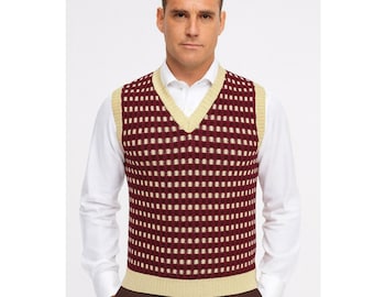 Mens Burgandy Fairisle Knitted Tanktop Jumper Sweater Vest Sleeveless Retro Vintage Tank Top - MADE IN ENGLAND