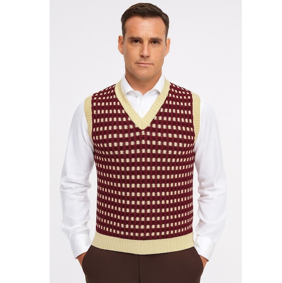 Mens Burgandy Fairisle Knitted Tanktop Jumper Sweater Vest