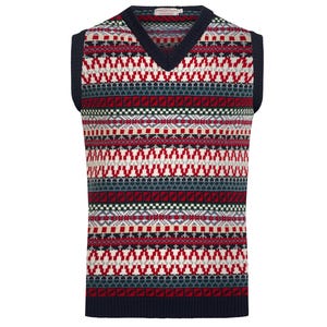 May include: A navy blue sleeveless sweater with a colourful geometric pattern in shades of red, green, white, and blue.