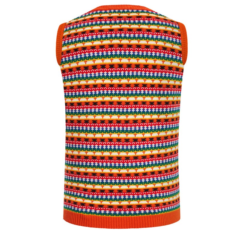 K&ouml;nnte beinhalten: Eine &auml;rmellose Strickweste mit einem bunten Streifenmuster in den Farben Orange, Rot, Gr&uuml;n, Blau und Wei&szlig;.