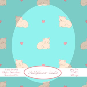 Puede incluir: Un patrón digital sin costuras con gatos de dibujos animados color crema y corazones rosas sobre un fondo azul claro. El diseño incluye el texto "Hand Drawn Digital Download Seamless File" y "Fableflower Studio". El archivo png es de 12x12 a 300 ppp.