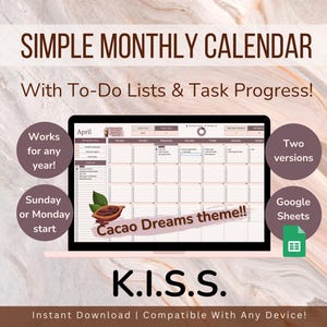 Digital Monthly Calendar | Google Sheets | Productivity Planner Spreadsheet | Task Tracker | To-Do List | Simple Template