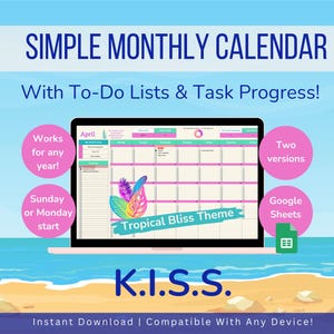 Digital Monthly Calendar | Google Sheets | Productivity Planner Spreadsheet | Task Tracker | To-Do List | Simple Template