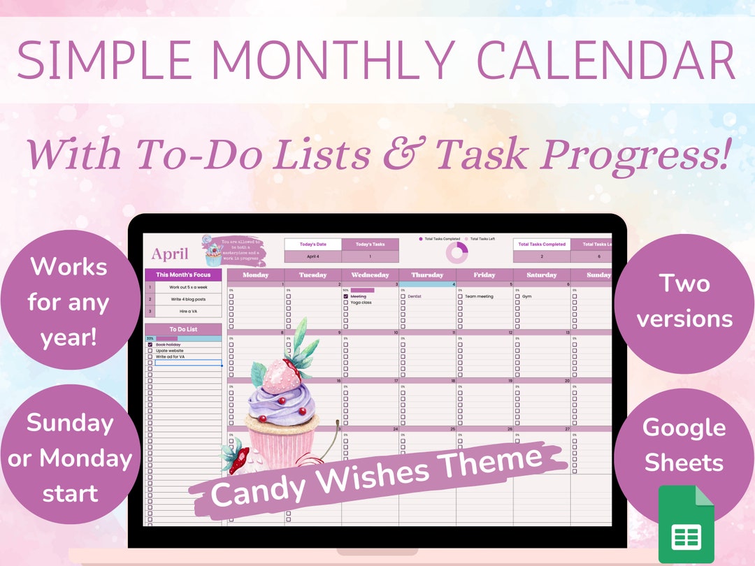Digital Monthly Calendar Google Sheets Productivity Planner Spreadsheet ...
