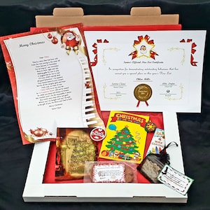 Carta personalizada de véspera de Natal do Papai Noel, caixa de presente com certificado de lista agradável