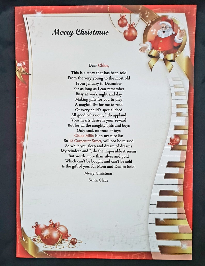 May include: A red and white Christmas card with a handwritten poem from Santa Claus to Chloe. The poem is about the magic of Christmas and the joy of giving. The card features a piano keyboard and a red and white Santa Claus illustration.
