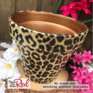 Leopard print plant pot with saucer, Animal print gift, Tropical gifts, Terracotta pot, Flower lover gift, Decorative pot, 9th wedding gift