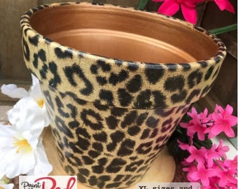 Leopard print plant pot with saucer, Animal print gift, Tropical gifts, Terracotta pot, Flower lover gift, Decorative pot, 9th wedding gift