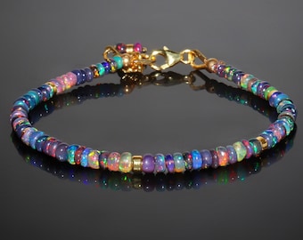 Black Ethiopian Opal Beaded Dainty Bracelet, AAA Grade Opal Sterling Silver Bracelet, Multi Color Fire Opal Bracelet, Genuine Opal Jewelry