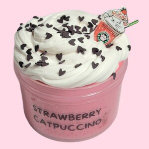 Strawberry Catpuccino Clay Slime - 6oz Strawberry Cream Scented Fluffy Stretchy w/ Kawaii Frappuccino Charm and Heart Sprinkles