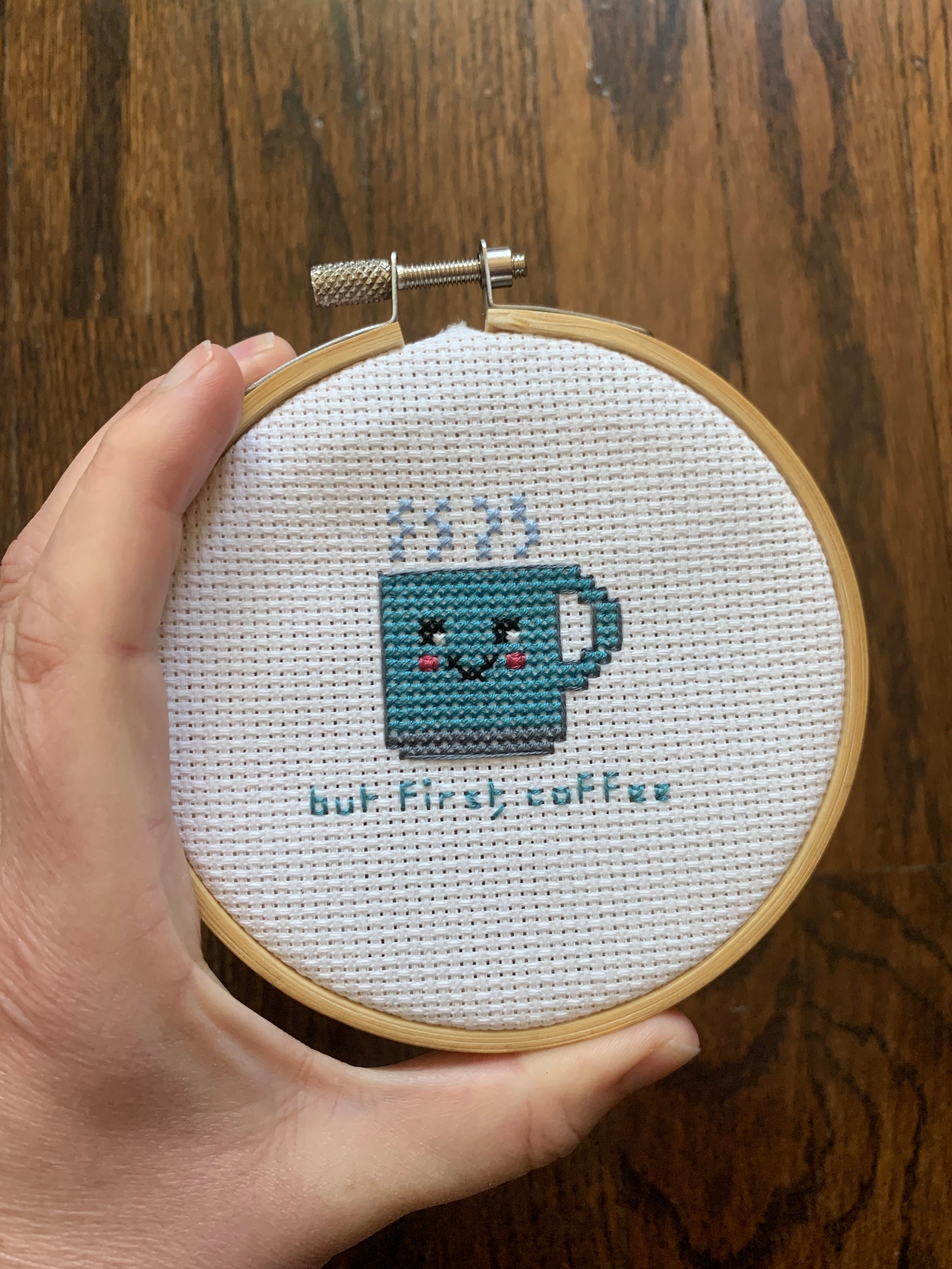 But First Coffee Teal Coffee Mug Cute 3 Inch Cross Stitch Etsy UK