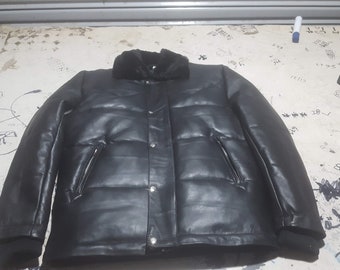 Real Leather Puffer Coat Winter Fur Collar Men's Jacket Black Bomber Warm Insulated Tough Padded