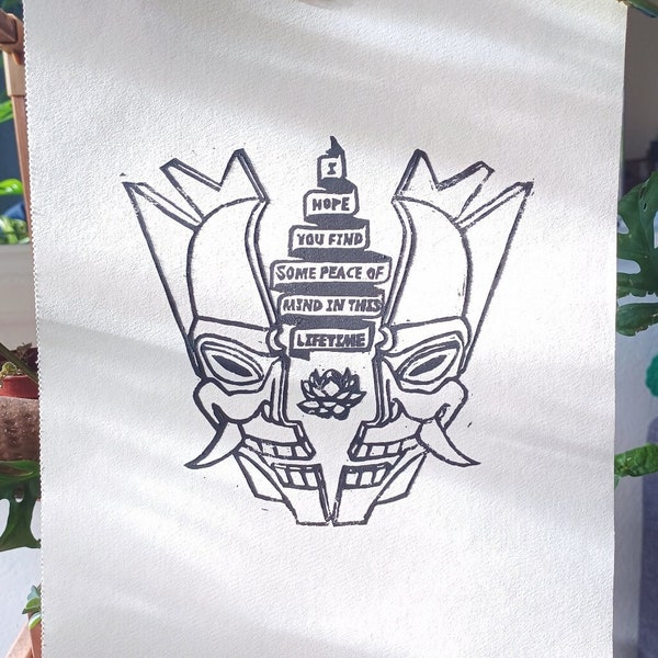 Blue Spirit X Kendrick Hand-Carved Linocut Print,  Zuko ATLA, Avatar Air Fire Water Earth, Rap Lyric Poster, Oni Mask, Demon, LOK, Lotus