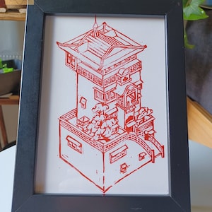 Hand Stamped Spirit away inspired Linocut print / Anime Otaku Art / Bath house / Home decor / Japan / Handmade / Manga Frame / Haku Chihiro