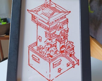 Hand Stamped Spirit away inspired Linocut print / Anime Otaku Art / Bath house / Home decor / Japan / Handmade / Manga Frame / Haku Chihiro