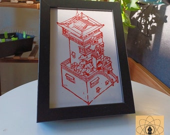Hand Stamped Spirit away inspired Linocut print / Anime Otaku Art / Bath house / Home decor / Japan / Handmade / Manga Frame / Haku Chihiro