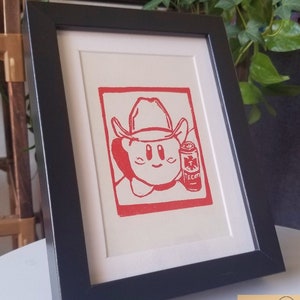 Kirby Ranchero Buchon Hand-Carved Linocut Print 5x7 / Videogame print / Anime Print / meme art / Cowboy / Block print / mexican home decor