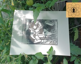 Lofi study girl / Hand-Carved Linocut Print 8x10 / Block print / Music Art /