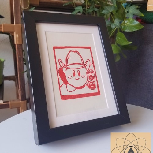 Kirby Ranchero Buchon Hand-Carved Linocut Print 5x7 / Videogame print / Anime Print / meme art / Cowboy / Block print / mexican home decor