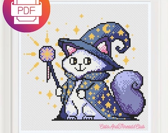 May include: A white cat wearing a purple and blue wizard hat with stars and a crescent moon. The cat is holding a wand with a pink and white orb on the end. The cat is surrounded by yellow stars on a white background. The text "Cats And Threads' Club" is at the bottom of the image.