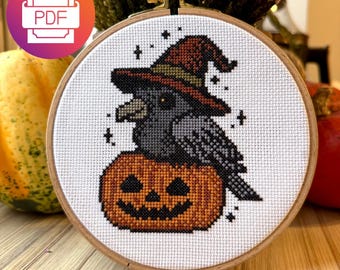 カラスとカボチャのハロウィンクロスステッチパターン：初心者向け刺繍（PDFダウンロード）