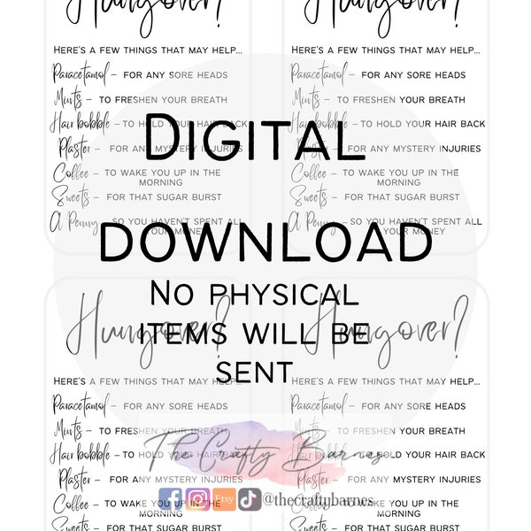 Digital download hangover recovery kit cards, hungover bag cards, printed cards, digital cards, hen due, stag due, party bag, wedding cards
