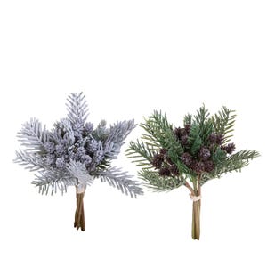 May include: Two bundles of artificial pine branches with pinecones. One bundle has frosted, light gray branches and gray pinecones. The other bundle has green branches and dark brown pinecones. Both bundles are tied with twine.