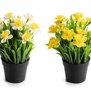 May include: Two potted artificial daffodils. One pot features white and yellow flowers, the other has all-yellow blooms. Both have green leaves and are in black pots. The flowers are a bright, cheerful addition to any space.