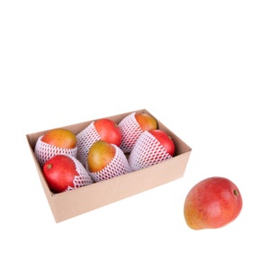 Puede incluir: Una caja de cartón llena de seis mangos rojos y amarillos, cada uno envuelto en una red blanca. Los mangos están dispuestos en dos filas de tres. Un mango está fuera de la caja, sobre un fondo blanco.