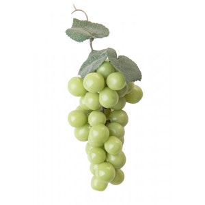 May include: A bunch of green grapes with leaves against a white background.