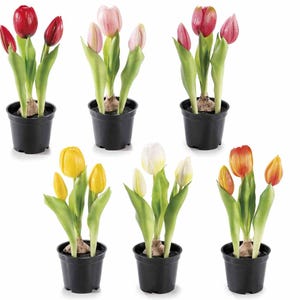 May include: Six potted artificial tulip arrangements in various colors: red, pink, yellow, white, and orange. Each arrangement features green leaves and is planted in a small black pot. The tulips are in different stages of bloom.