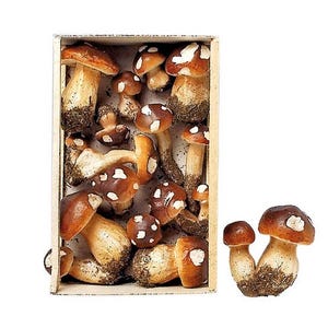 Peut inclure: Une collection de figurines de champignons décoratifs dans une boîte en bois et une paire de champignons à l'extérieur. Les champignons ont des chapeaux bruns avec des taches blanches et des tiges beiges. La boîte est rectangulaire et en bois clair.