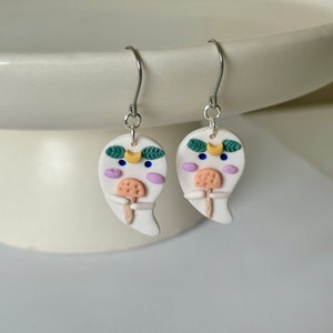 Celestial ghost holding mushroom Halloween polymer clay earrings|cute halloween|handmade earrings|ghost mushroom clay earrings|crescent moon