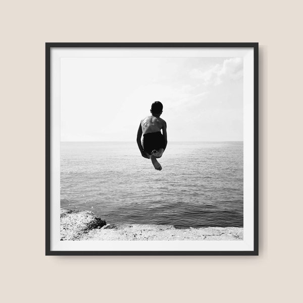 Swimming photogtaphy, black and white swimmer photography, minimal ocean art, ocean panorama print, boy jumping into the water wall decor