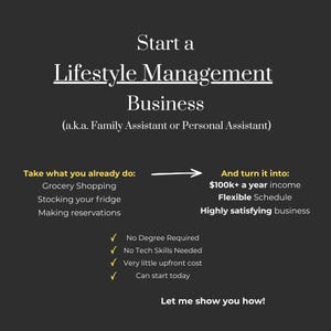 Könnte beinhalten: Dunkelgraue Grafik mit weißem Text, der für ein Lifestyle-Management-Unternehmen wirbt. Der Text enthält den Satz „Starten Sie ein Lifestyle-Management-Unternehmen“ und listet Vorteile wie einen flexiblen Zeitplan und ein Jahreseinkommen von über 92.000 € auf.
