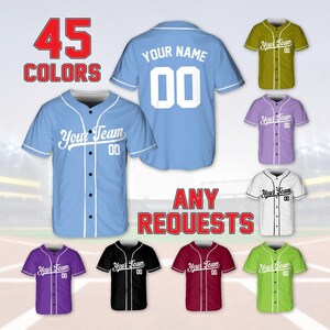 May include: Baseball jerseys in various colors, including light blue, olive green, purple, white, black, and burgundy. Each jersey features the text "Your Team" and the number "00". The image also displays the text "45 COLORS" and "ANY REQUESTS".
