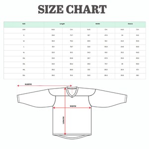 Puede incluir: Tabla de tallas para una camiseta con medidas en pulgadas y cent&iacute;metros. La tabla muestra la talla, la longitud, el ancho y la manga para las tallas S, M, L, XL, 2XL, 3XL, 4XL y 5XL.