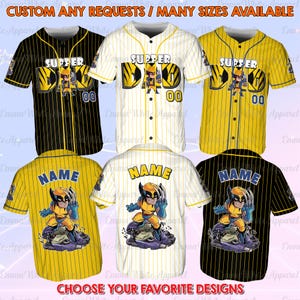 May include: Baseball jerseys in black, white, and yellow with pinstripes. The jerseys feature the text "SUPPER DAD" and "00" on the front, and "NAME" with a Wolverine graphic on the back. The image also includes the text "CHOOSE YOUR FAVORITE DESIGNS".