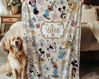 Disney Mickey And Friends Creme Blanket, Mickey Minnie Donald Daisy Pluto Goofy Blanket, Disneyland Movie Gift Blanket, THA316