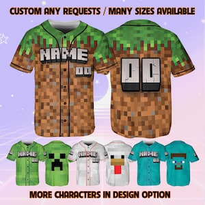 May include: A baseball jersey with a Minecraft theme. The jersey is brown and green with a pixelated design. The text "NAME" and "00" are printed on the front of the jersey. The back of the jersey has the number "00" printed on it. The jersey is available in different colors and with different characters.