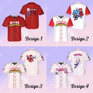 May include: Four different designs for a baseball jersey featuring a red, white, and blue striped pattern. Each jersey has a different cartoon image of Spider-Man characters on the back. The text "NAME" and "AMAZING FRIENDS" is printed on the front of the jerseys.