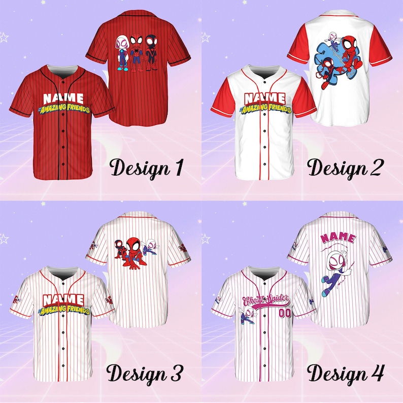 May include: Four different designs for a baseball jersey featuring a red, white, and blue striped pattern. Each jersey has a different cartoon image of Spider-Man characters on the back. The text "NAME" and "AMAZING FRIENDS" is printed on the front of the jerseys.