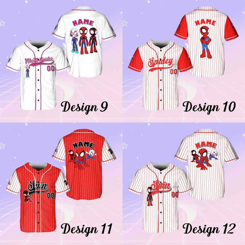 May include: Four different designs of baseball jerseys with red and white stripes. The jerseys feature a cartoon image of Spider-Man and the text "NAME" on the back. The front of the jerseys have the text "Spidey" or "Wheat Suider" and the number "00".