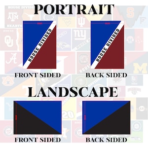 Op de afbeelding: Een dubbelzijdig vlagontwerp met de tekst "HOUSE DIVIDED". De portretweergave toont een blauw en kastanjebruin gesplitst ontwerp. De landschapsweergave toont een blauw en zwart gesplitst ontwerp. De vlag is gelabeld "FRONT SIDED" en "BACK SIDED".