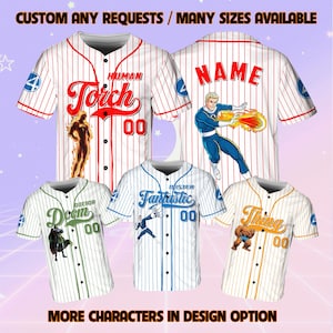 May include: Five baseball jerseys with different characters from the Fantastic Four comic book series. The jerseys are white with red, blue, green, or yellow stripes. The characters include the Human Torch, Mr. Fantastic, Doom, Thing, and a blank jersey with the word "NAME" on the back.