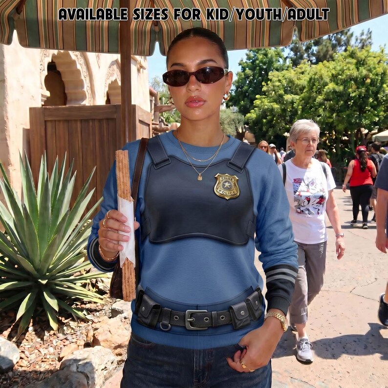 May include: A blue long-sleeve sweatshirt featuring a black faux tactical vest overlay with a gold police badge emblem and a black utility belt with pouches. The text AVAILABLE SIZES FOR KID/YOUTH/ADULT is printed at the top of the image.