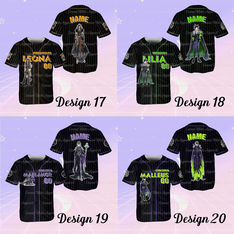 K&ouml;nnte beinhalten: Vier Baseball-Trikots in Schwarz mit Charakterdesigns. Jedes Trikot hat Nadelstreifen und zeigt eine Charaktergrafik, einen Namen und eine Nummer. Designs umfassen Leona, Lilia, Maleficent und Malleus. Der Text "Design 17", "Design 18", "Design 19" und "Design 20" ist ebenfalls sichtbar.
