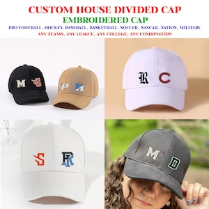 May include: Four different baseball caps with embroidered letters. The caps are in black, brown, white, and gray. The letters on the caps are "MS", "PH", "RC", "SR", and "MD".