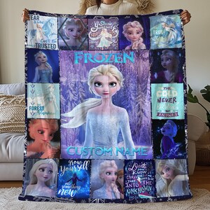 Custom Elsa Pictures Collage Blanket, Cartoon Movie Blanket, Elsa Cartoon Birthday Blanket, Personalized Disneyland Elsa Fleece Blanket